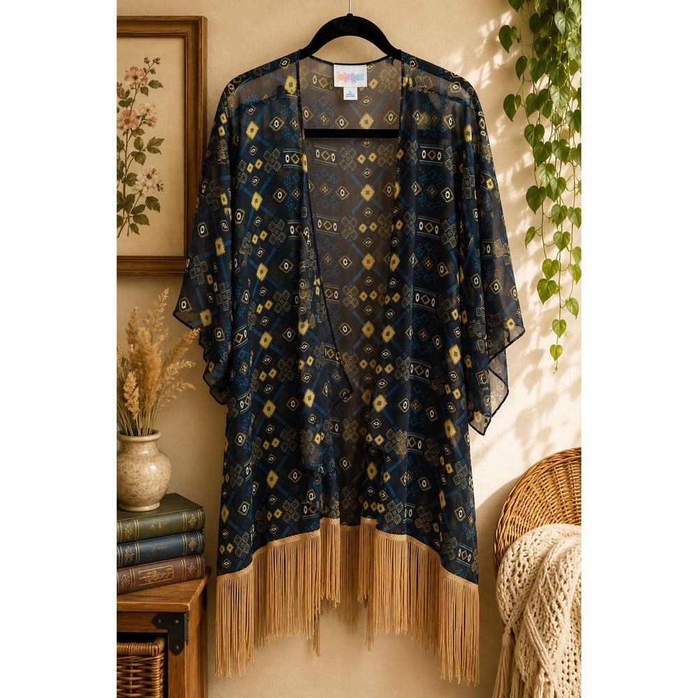 LuLaRoe Monroe Kimono L NWT Geometric Sheer Fringe Boho Western Blue Brown